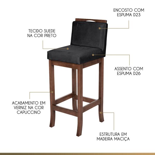 Imagem de Kit 4 Banquetas Alta para Cozinha Turim Madeira Capuccino Suede Preto CCS