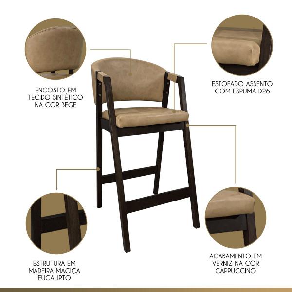 Kit 4 Banquetas Alta para Ilha de Cozinha Ravena Madeira Maciça Capuccino Sintético Bege CCS - CCS Interiores Imagem de Kit 4 Banquetas Alta para Ilha de Cozinha Ravena Madeira Maciça Capuccino Sintético Bege CCS