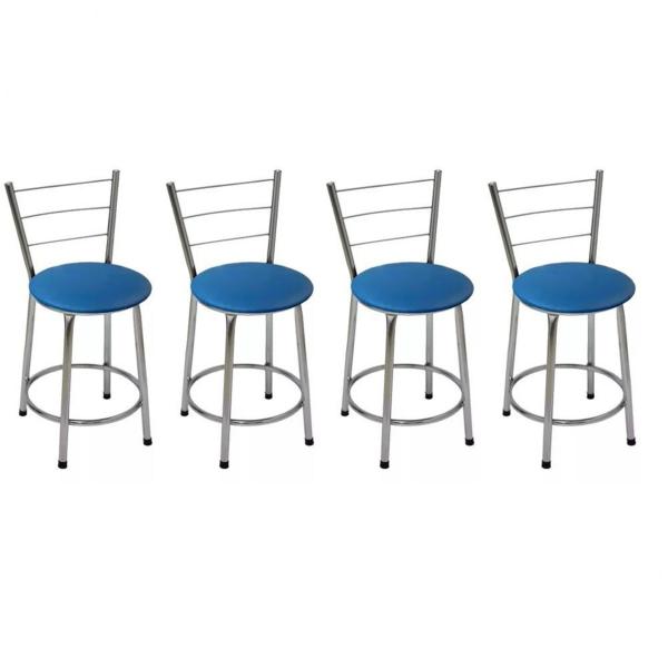 Imagem de Kit 4 Banquetas Baixas Cromada com Encosto Assento Azul