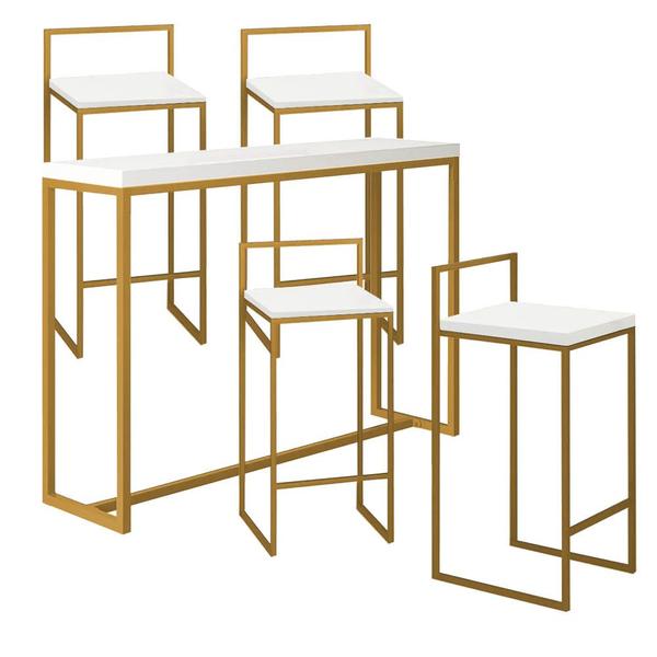 Imagem de Kit 4 Banquetas Lino + 1 Mesa Bancada Aparador Mavie 150cm Industrial Ferro Dourado 100% MDF Branco - Ahazzo Móveis