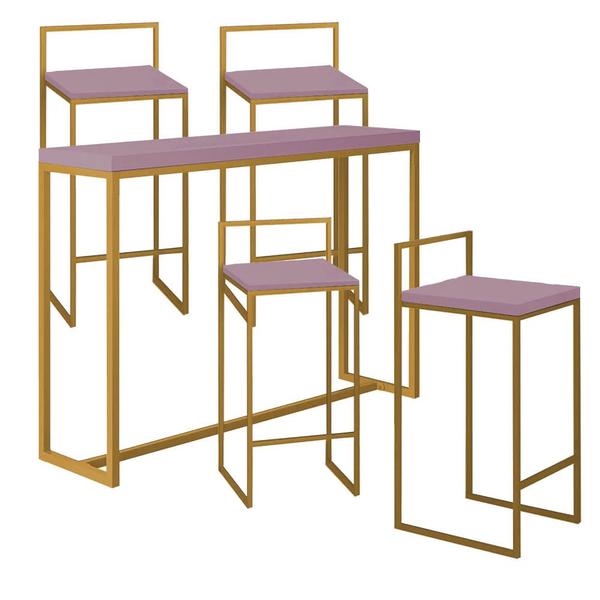 Imagem de Kit 4 Banquetas Lino + 1 Mesa Bancada Aparador Mavie 150cm Industrial Ferro Dourado 100% MDF Rose Gold - Ahazzo Móveis