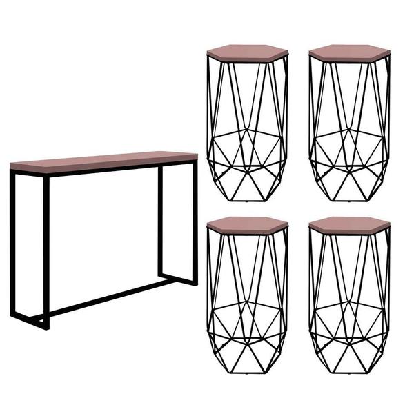 Imagem de Kit 4 Banquetas Liz + 1 Mesa Bancada Mavie 150cm Industrial Ferro Preto MDF Rosa - Ahazzo Móveis