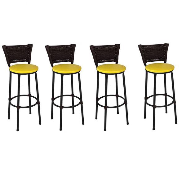 Kit 4 Banquetas Médias Preta com Encosto Junco Argila Assento Amarelo - Fortmix Imagem de Kit 4 Banquetas Médias Preta com Encosto Junco Argila Assento Amarelo