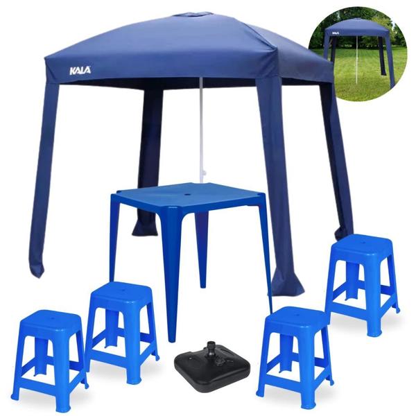 Imagem de Kit 4 Banquetas Plasticas 120 Kg Azul + Mesa 70x70 Cm + Guarda Sol Modelo Gazebo 2,2 X 2,2 M + Base 22 Kg