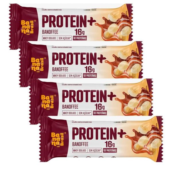 Imagem de Kit 4 Barra de Proteína Protein+ Banana Brasil com 16g de Proteína Sabor Banofee Zero Açúcar 50g