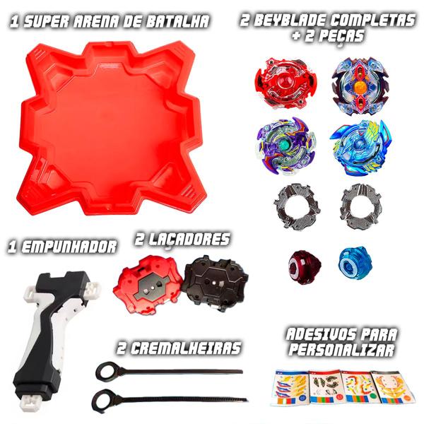 Kit 4 Beyblade + 2 Lançadores e Arena De Batalha Completo
