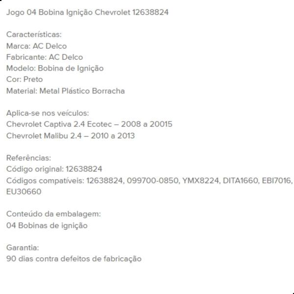 Imagem de Kit 4 Bobinas de Ignição Chevrolet AC Delco 12638824 Preto