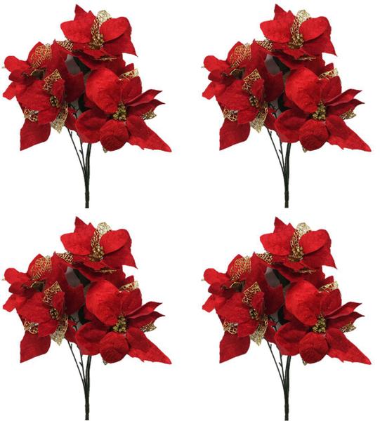 Imagem de Kit 4 Buquê Natal Bico de Papagaio Vermelho Camurça e Dourado 5 Flores 47cm - Master Christmas