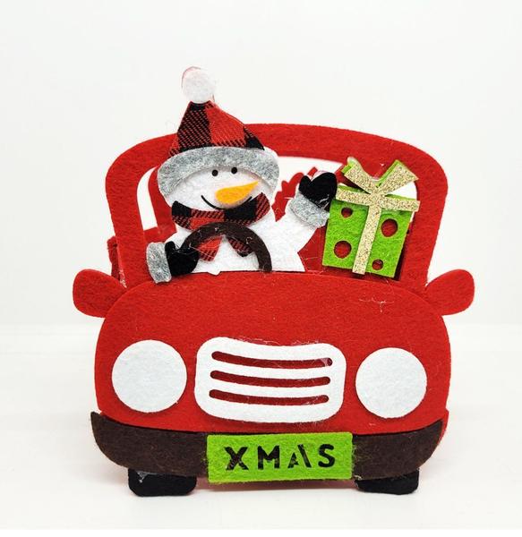 Imagem de Kit 4 Cachepô Feltro Natal Carro com Alça Decorado Papai Noel e Boneco de Neve 20cm - Master Christmas