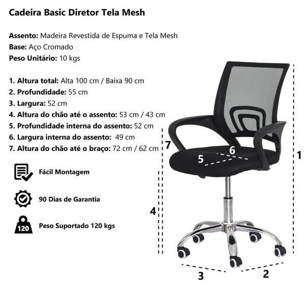 Imagem de Kit 4 Cadeiras Escritório Basic Diretor Tela Mesh Preta Base