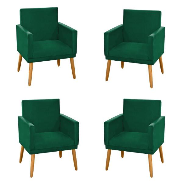 Imagem de Kit 4 Cadeiras Poltronas Para Sala de Estar Recepção Escritório Decorativa Nina Pés Madeira Palito C/ Rodapé Suede Verde Militar