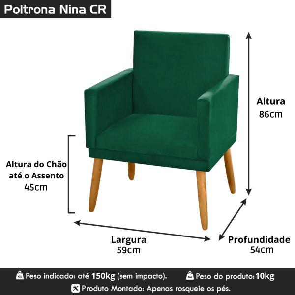 Imagem de Kit 4 Cadeiras Poltronas Para Sala de Estar Recepção Escritório Decorativa Nina Pés Madeira Palito C/ Rodapé Suede Verde Militar