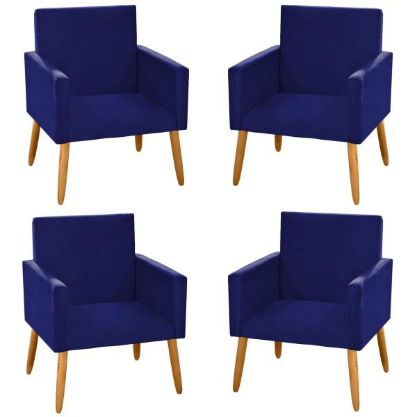 Imagem de Kit 4 Cadeiras Poltronas Para Sala de Estar Recepção Escritório Decorativa Nina Pés Madeira Palito S/Rodapé Suede Azul Marinho