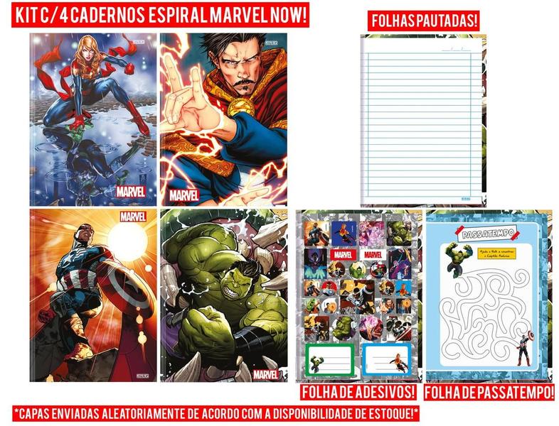 Imagem de Kit 4 Caderno Marvel Now Brochurinha 80 Fls + 1 Desenho Marvel