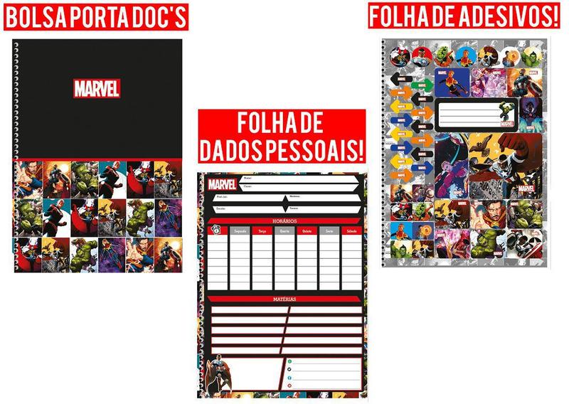 Imagem de Kit 4 Caderno Marvel Now Espiral 80 Fls + Cartografia e Desenho Vingadores