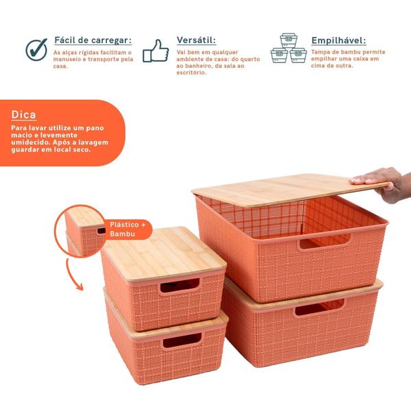 Imagem de Kit 4 Caixas Organizadoras Tampa Bambu 2P/2M Terracota-Oikos