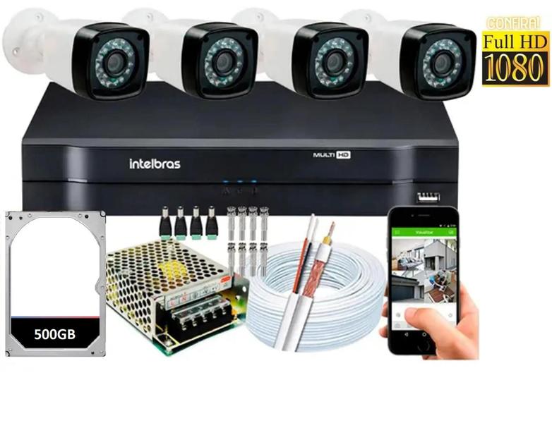 Imagem de Kit 4 Câmeras Bullet Full HD 1080p Lente 3.6mm Visão Noturna 20M ip66 + Dvr Intelbras + HD 500gb