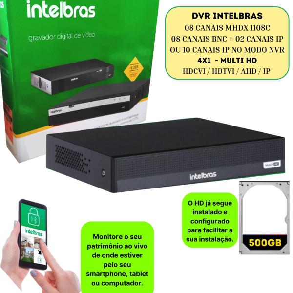 Imagem de Kit 4 Cameras Intelbras 1120b Dvr 8 CH Intelbras C/ HD 500GB