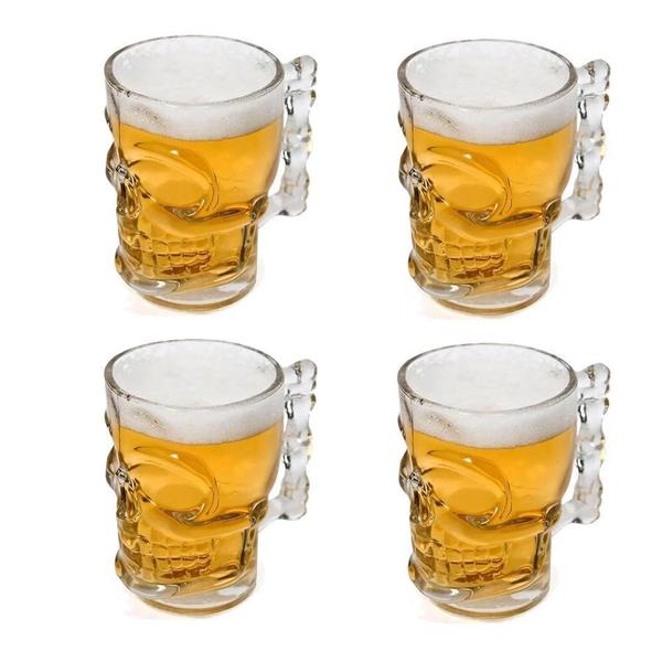 Imagem de Kit 4 Caneca Cabeça Caveira Crânio 540ml Chopp Vidro Rock