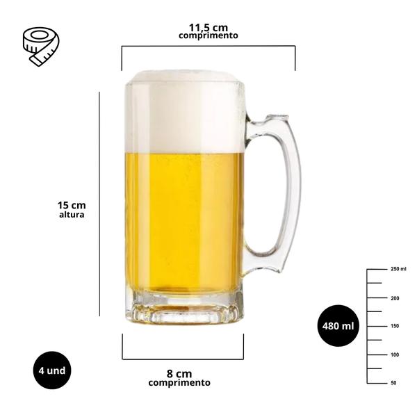 Imagem de Kit 4 Caneca De Vidro Chopp Cerveja Bebida Design Robusto 480ml Clássico Bar Restaurante