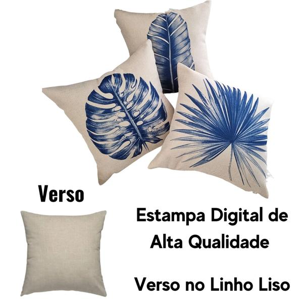 Imagem de Kit 4 Capa de Almofada Decorativa Linho Luxo Folhagem Azul 43x43cm