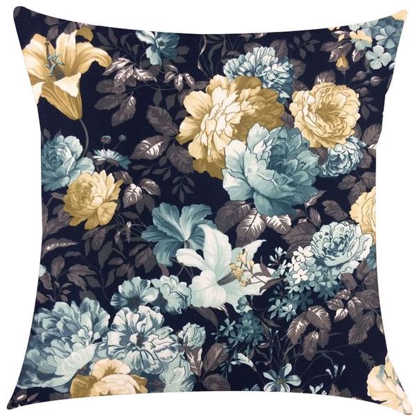 Imagem de Kit 4 Capas de Almofadas Composê Floral Azul Marinho com Listrado Cinza 45xc45cm