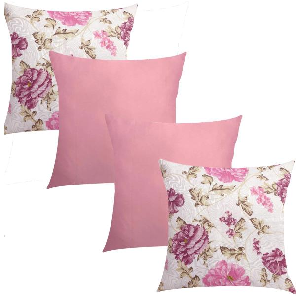 Imagem de Kit 4 Capas de Almofadas Composê Floral Rosa e Rosa Liso 45cmx45cm 