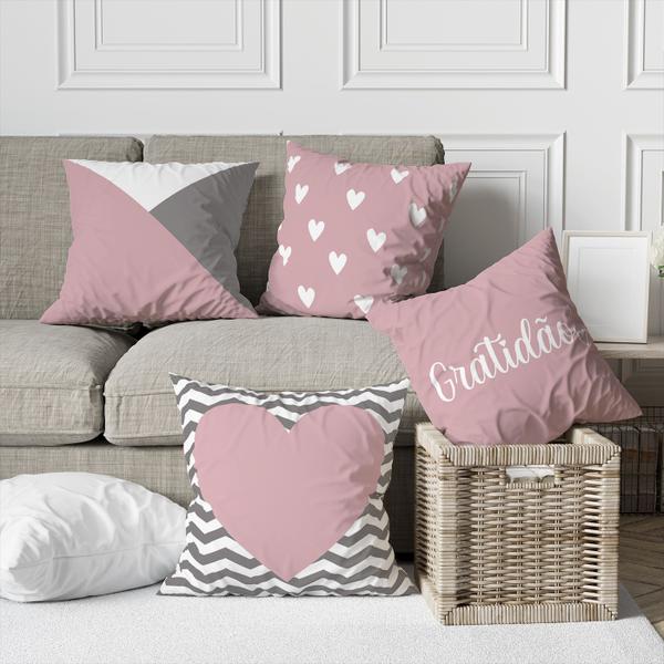 Imagem de Kit 4 Capas De Almofadas Decorativa Gratidão Coração Chevron Formas Rosa Claro