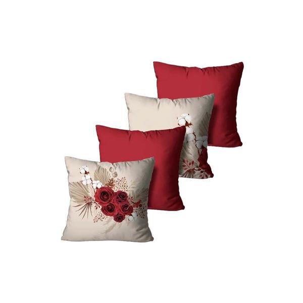 Imagem de Kit 4 Capas de Almofadas Decorativas Flores Bege e Vermelho