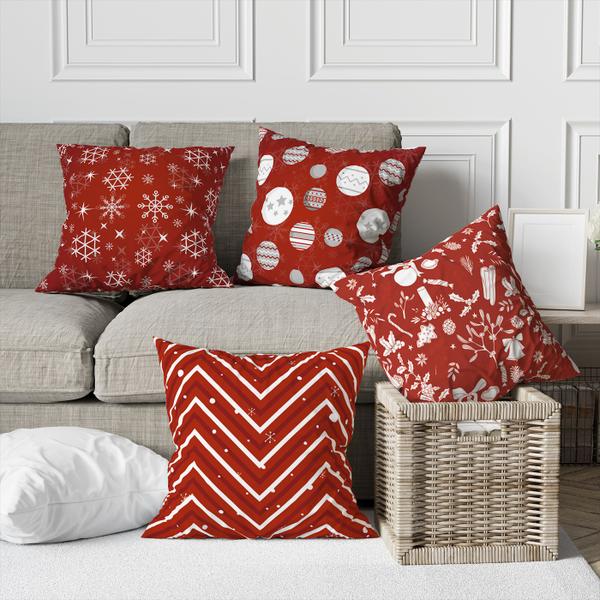 Imagem de Kit 4 Capas De Almofadas Decorativas Vermelho Natal Flocos, Bolas e Chevron