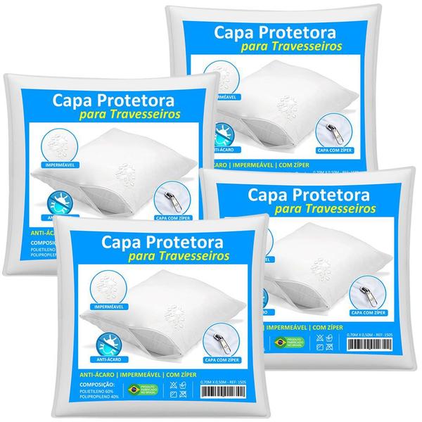 Imagem de Kit 4 Capas Travesseiro Impermeável Branca 50cm x 70cm Com Zíper e HipoAlergênico