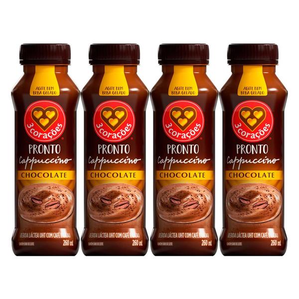 Kit 4 Cappuccino Pronto 3 Corações Chocolate 260ml Imagem de Kit 4 Cappuccino Pronto 3 Corações Chocolate 260ml