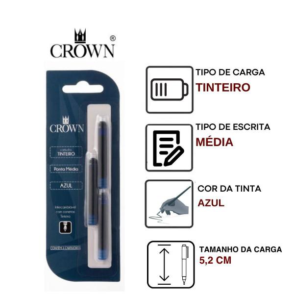 Imagem de Kit 4 Cargas Para Caneta Crown Tinteiro Com 3 Refil Ca32005 Azul Preta