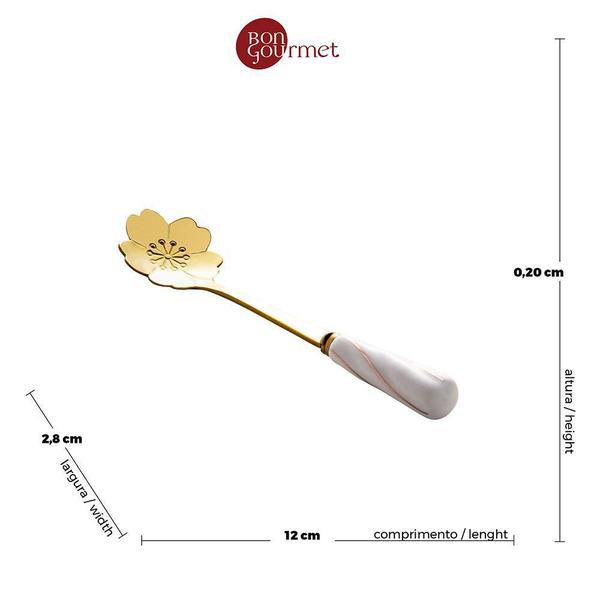 Kit 4 Colheres Chá Em Inox E Cerâmica Flores Dourado Branco - Rojemac Imagem de Kit 4 Colheres Chá Em Inox E Cerâmica Flores Dourado Branco