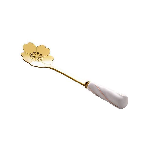 Kit 4 Colheres Chá Em Inox E Cerâmica Flores Dourado Branco - Rojemac Imagem de Kit 4 Colheres Chá Em Inox E Cerâmica Flores Dourado Branco