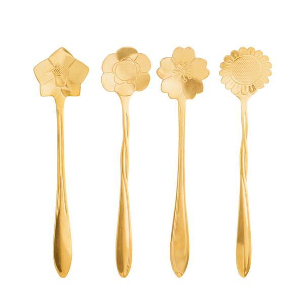 Imagem de Kit 4 colheres de chá aço inox dourado flores 12cm bon gourmet