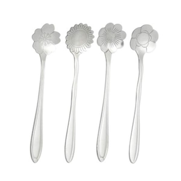 Imagem de Kit 4 Colheres De Flores Prata Aço Inox Para Chá E Café