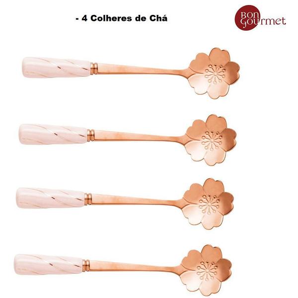 Kit 4 Colheres Para Chá Em Inox Cerâmica Flores Rosa E Rosê - Rojemac Imagem de Kit 4 Colheres Para Chá Em Inox Cerâmica Flores Rosa E Rosê