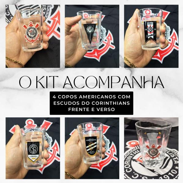 Imagem de Kit 4 Copos Americano Vidro 190ml Bar + Caneca Gel 300ml Térmico Cerveja Gelada Time Corinthians