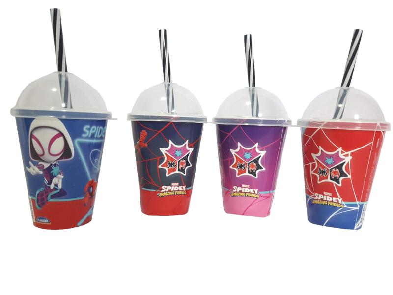 Imagem de Kit 4 Copos Shake Spidey 280ml Plasútil Canudo Marvel