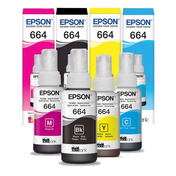 Imagem de Kit 4 Cores Tinta Epson 664 T664 Original para Ecotank L200 L220 L355 L365 L375 L396 L455 L495 L555 L1300 4x70ml