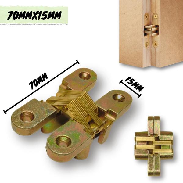 Imagem de Kit 4 Dobradiça Invisível Oculta Cruz 70mm + Parafusos 25kg