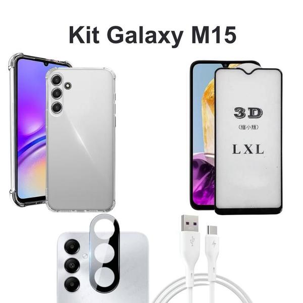 Imagem de Kit 4 em 1 Película 3D Vidro + Capa + Película de Câmera + Cabo USB Tipo C para Samsung Galaxy M15