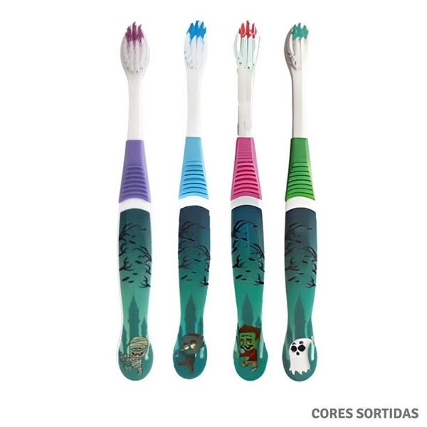 Imagem de Kit 4 Escovas de Dentes Infantil 4 Anos Cerdas Super Macias  Klin Coleção Assutadores