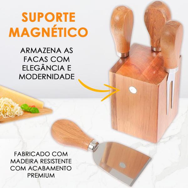 Imagem de Kit 4 Facas Para Queijo com Suporte Magnético Garfo Faca Espátula