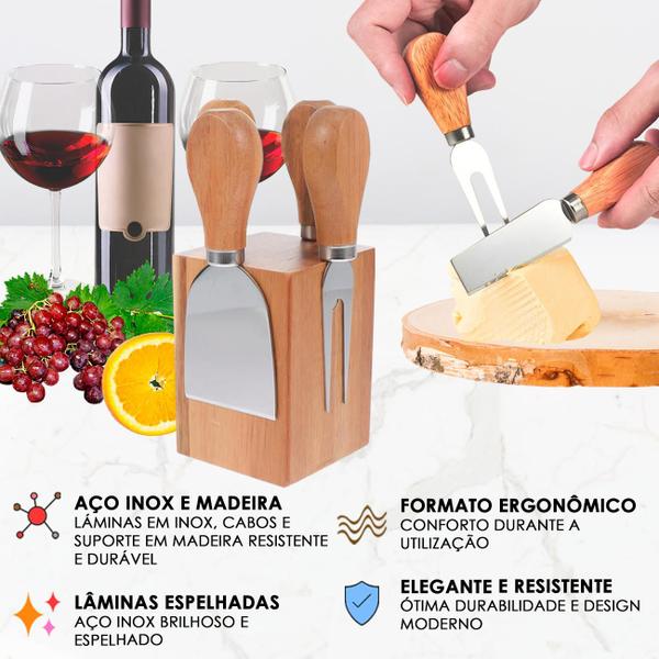 Imagem de Kit 4 Facas Para Queijo com Suporte Magnético Garfo Faca Espátula