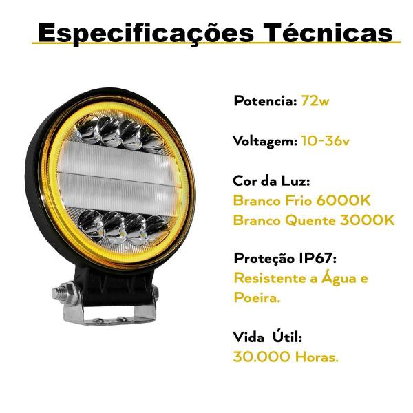 Imagem de Kit 4 Farol Milha Led Redondo 72W Pisca Âmbar Seta 10-36V