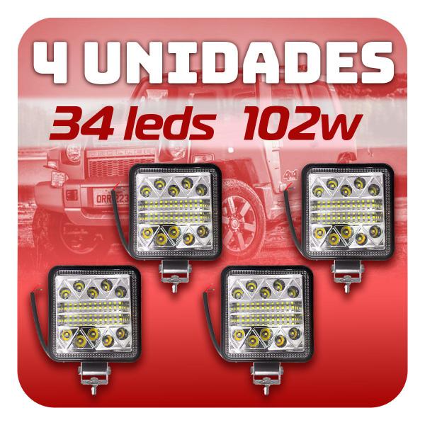 Imagem de Kit 4 Farolete Quadrado Bivolt 102w 34 Leds Carro Caminhão