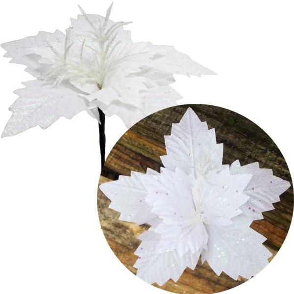 Imagem de Kit 4 Flores Artificial Gliter Enfeite Branco Natalino 25cm