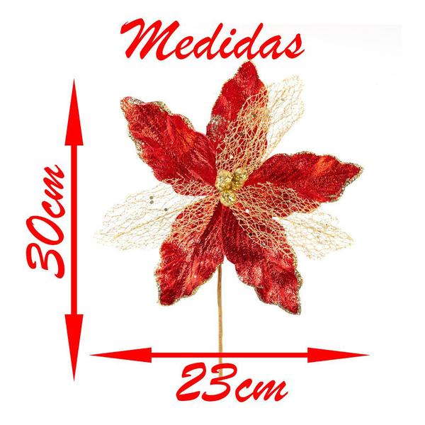 Imagem de Kit 4 Flores Com Cabo Artificial Brilho Natal Vermelha 30cm